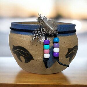 Southwestern Handmade Bear Pottery Bowl Planter with Beads & Feathers